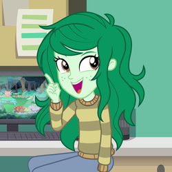 Size: 1080x1080 | Tagged: safe, screencap, wallflower blush, equestria girls, equestria girls specials, g4, my little pony equestria girls: better together, my little pony equestria girls: forgotten friendship, cropped, monitor, pointing, smiling