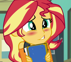 Size: 1231x1077 | Tagged: safe, screencap, sunset shimmer, equestria girls, equestria girls specials, g4, my little pony equestria girls: better together, my little pony equestria girls: forgotten friendship, blushing, book, cropped, cute, female, shimmerbetes, solo