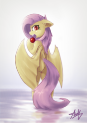 Size: 2478x3506 | Tagged: safe, artist:stardep, fluttershy, bat pony, semi-anthro, g4, apple, arm hooves, bat ponified, bipedal, butt, fangs, female, floppy ears, flutterbat, food, high res, looking back, mare, open mouth, plot, race swap, solo
