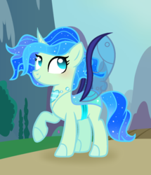 Size: 1128x1312 | Tagged: safe, artist:alizeethepony2008, oc, oc only, oc:chrystallis, changedling, changeling, ethereal mane, female, offspring, parent:queen chrysalis, raised hoof, solo, starry mane