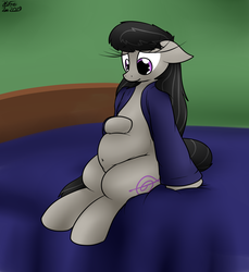 Size: 1532x1674 | Tagged: safe, artist:the-furry-railfan, octavia melody, earth pony, pony, g4, bed, bedroom, belly button, chubby, clothes, fat, fatavia, robe, sitting, squishy, worried