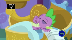 Size: 1920x1080 | Tagged: safe, screencap, spike, dragon, a rockhoof and a hard place, g4, bags under eyes, bed, eyes closed, male, pillow, sleeping, solo, tv rating, tv-y, winged spike, wings, yawn