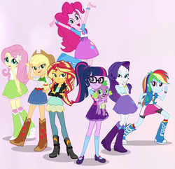 Size: 662x639 | Tagged: safe, screencap, applejack, fluttershy, pinkie pie, rainbow dash, rarity, sci-twi, spike, spike the regular dog, sunset shimmer, twilight sparkle, dog, equestria girls, equestria girls specials, g4, belt, boots, clothes, cowboy hat, cropped, denim skirt, female, freckles, glasses, hat, high heel boots, humane five, humane seven, humane six, lidded eyes, looking at you, mary janes, ponytail, sci-twi outfits, shoes, simple background, skirt, smiling, socks, stetson, striped socks