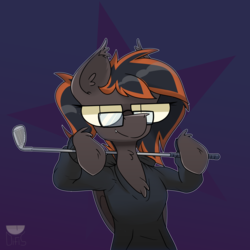 Size: 5120x5120 | Tagged: safe, artist:difis, oc, oc only, oc:altered karbon, bat pony, pony, absurd resolution, clothes, female, glasses, golf club, hoodie, looking at you, mare, ponytail, smiling, smirk, solo