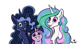 Size: 1280x720 | Tagged: dead source, safe, artist:greyscaleart, princess celestia, princess luna, twilight sparkle, alicorn, pony, unicorn, adoracreepy, bust, constellation freckles, creepy, cute, cutelestia, female, freckles, greyscaleart is trying to murder us, grin, long mane, looking at you, lunabetes, mare, me and the boys, messy mane, missing accessory, royal sisters, signature, simple background, smiling, squee, thousand yard stare, transparent background, trio, twiabetes, unicorn twilight, wide eyes