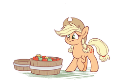 Size: 1280x853 | Tagged: safe, artist:heir-of-rick, applejack, earth pony, pony, g4, apple, basket, female, food, mare, raised hoof, simple background, smiling, solo, white background
