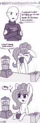 Size: 1024x3072 | Tagged: safe, artist:dsp2003, oc, oc:brownie bun, oc:richard, earth pony, human, pony, horse wife, asdfmovie, blender (object), blushing, bread, clothes, coffee mug, comic, cross-popping veins, descriptive noise, female, food, hello, loss (meme), male, mare, mine turtle, monochrome, mug, open mouth, parody, speech bubble, sweater, this will end in property damage, toast, toaster, updated