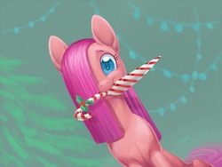 Size: 800x600 | Tagged: safe, artist:dany-the-hell-fox, pinkie pie, earth pony, pony, tabun art-battle, g4, candy, candy cane, colored pupils, female, food, hair over one eye, knife, looking at you, mare, mouth hold, pinkamena diane pie, smiling, solo, sugar cane