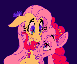 Size: 1240x1042 | Tagged: safe, artist:littmosa, fluttershy, pinkie pie, butterfly, earth pony, pony, g4, bust, eyelashes, female, floppy ears, lesbian, looking at each other, mare, portrait, ship:flutterpie, shipping, simple background, smiling
