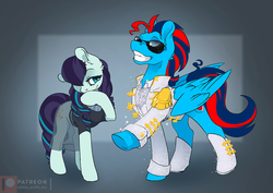 Size: 1200x849 | Tagged: safe, artist:arctic-fox, coloratura, oc, oc:andrew swiftwing, earth pony, pegasus, pony, g4, clothes, duo, fashion, female, glasses, male, mare, stallion