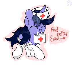 Size: 4081x3737 | Tagged: safe, artist:php142, oc, oc only, oc:purple flix, pony, unicorn, cap, clothes, cute, eyes closed, first aid kit, happy, hat, heart, male, nom, nurse hat, socks, solo, text, trotting, white socks