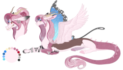 Size: 1680x959 | Tagged: safe, artist:bijutsuyoukai, oc, oc only, oc:flore, draconequus, bust, crack ship offspring, draconequus oc, ear piercing, earring, female, interspecies offspring, jewelry, offspring, parent:discord, parent:fleur-de-lis, parents:fleur-de-cord, piercing, portrait, prone, reference sheet, simple background, solo, transparent background