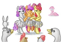 Size: 1024x690 | Tagged: safe, artist:dany-the-hell-fox, apple bloom, pinkie pie, scootaloo, sweetie belle, bird, chicken, earth pony, goose, pegasus, pony, rabbit, swan, unicorn, tabun art-battle, g4, animal, ballerina, ballet, bipedal, bloomerina, bow, clothes, cutie mark crusaders, dance of the little swans, dancing, eyes closed, female, filly, foal, hair bow, hooves, horn, mare, one eye closed, scootarina, simple background, sitting, skirt, skirtaloo, smiling, spread wings, swan lake, sweetierina, tutu, tutus, white background, wings