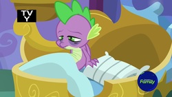 Size: 1920x1080 | Tagged: safe, screencap, spike, dragon, a rockhoof and a hard place, g4, bags under eyes, bed, discovery family logo, male, pillow, solo, tv rating, tv-y, winged spike, wings