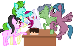 Size: 1304x816 | Tagged: safe, artist:sorry, derpibooru exclusive, oc, oc only, earth pony, pegasus, pony, unicorn, birthday, cake, cheer, flying, food, friends, happy, missing cutie mark, open mouth, smiling