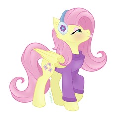 Size: 1300x1200 | Tagged: safe, artist:raiokai, fluttershy, pegasus, pony, g4, my little pony best gift ever, :p, blushing, catching snowflakes, christmas, clothes, cute, earmuffs, female, folded wings, hearth's warming, hearth's warming eve, holiday, lidded eyes, mare, profile, raised hoof, shyabetes, silly, simple background, snow, snowflake, solo, standing, sweater, tongue out, white background, wings, winter outfit