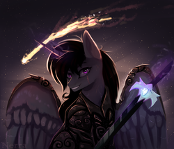 Size: 2328x2000 | Tagged: safe, artist:magicbalance, oc, oc only, alicorn, pony, alicorn oc, bust, high res, looking at you, magic, night, night sky, scar, shooting star, sky, solo, spread wings, starry night, sword, telekinesis, weapon, wings