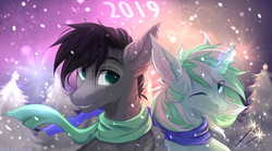 Size: 2672x1484 | Tagged: safe, artist:magicbalance, oc, oc only, oc:elemental balance, oc:gray, pony, unicorn, 2019, bust, clothes, female, fireworks, looking at each other, male, mare, new year, one eye closed, portrait, scarf, snow, sparkler (firework), stallion, wink, winter