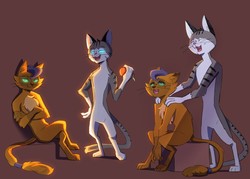 Size: 1280x914 | Tagged: safe, artist:fedubeat, capper dapperpaws, chummer, abyssinian, cat, anthro, digitigrade anthro, g4, my little pony: the movie, bedroom eyes, brown background, chest fluff, glowing eyes, lidded eyes, looking pleasured, massage, missing accessory, relaxed, relaxing, seductive, seductive look, sexy, shoulder rubbing, simple background, slit pupils, stupid sexy capper, stupid sexy chummer