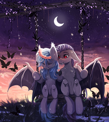 Size: 1788x2000 | Tagged: safe, artist:magicbalance, oc, oc only, oc:moon bloom, unnamed oc, bat pony, butterfly, pony, crescent moon, fangs, female, male, moon, night, romantic, starry night, stars, straight, swing, ych result