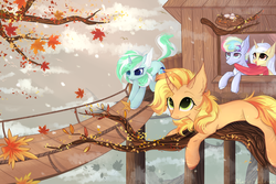 Size: 3000x2000 | Tagged: safe, artist:magicbalance, oc, oc only, oc:elemental balance, unnamed oc, pony, autumn, bird nest, bridge, clothes, egg, high res, leaves, nest, scarf, shared clothing, shared scarf, snow, tree, tree branch