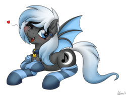 Size: 4082x3095 | Tagged: safe, artist:quick silver, oc, oc only, oc:moonlight melody, bat pony, pony, blushing, clothes, collar, cute, cutie mark, female, mare, one eye closed, simple background, socks, solo, striped socks, transparent background, wink