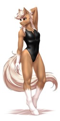Size: 1500x3000 | Tagged: safe, artist:mykegreywolf, anthro, unguligrade anthro, armpits, breasts, clothes, commissioner:darnelg, epona, female, high-cut clothing, mare, one-piece swimsuit, reasonably sized breasts, simple background, solo, swimsuit, the legend of zelda