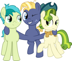 Size: 2714x2279 | Tagged: safe, artist:peternators, pistachio, sandbar, star tracker, earth pony, pony, best gift ever, g4, hat, high res, hug, male, neckerchief, simple background, smiling, stallion, teenager, transparent background, trio, two toned mane