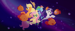 Size: 1920x804 | Tagged: safe, screencap, applejack, fluttershy, rainbow dash, rarity, bubble fish, fish, pony, seapony (g4), g4, my little pony: the movie, bubble, female, mare, one small thing, seaponified, seapony applejack, seapony fluttershy, seapony rainbow dash, seapony rarity, species swap, underwater