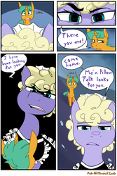 Size: 1280x1920 | Tagged: safe, artist:kryptchild, snails, oc, oc:poppy somnifer, pony, unicorn, ask glitter shell, g4, accent, clothes, comic, dialogue, glitter shell, interrupted, intimidating, maid, nervous, speech bubble