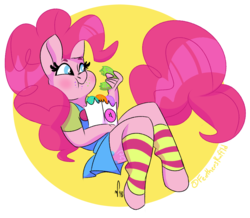 Size: 990x865 | Tagged: safe, artist:feathers-ruffled, pinkie pie, earth pony, anthro, unguligrade anthro, g4, abstract background, blushing, circle background, clothes, cute, diapinkes, donut, eating, female, food, leg warmers, mare, puffy cheeks, signature, solo