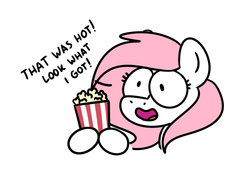 Size: 2048x1464 | Tagged: safe, artist:sugar morning, oc, oc only, oc:sugar morning, pony, bust, chibi, cute, flat colors, food, popcorn, portrait, simple background, solo, white background