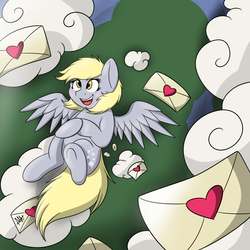 Size: 1280x1280 | Tagged: safe, artist:sugarwings-art, derpy hooves, pegasus, pony, g4, blushing, cloud, cute, derpabetes, female, letter, love letter, open mouth, solo