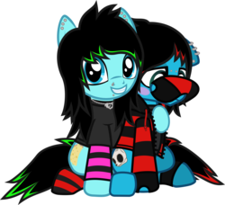 Size: 1039x949 | Tagged: safe, artist:lightningbolt, derpibooru exclusive, oc, oc only, oc:emo lad, oc:scene chick, earth pony, pony, 2019 community collab, derpibooru community collaboration, g4, .svg available, anklet, arm warmers, blushing, brother and sister, clandestine industries, clothes, covering face, duo, dyed mane, dyed tail, ear piercing, earring, emo, eyeliner, female, fingerless gloves, floppy ears, gloves, grin, hair over one eye, hood, hoodie, hug, jewelry, lidded eyes, looking at you, looking away, makeup, male, mare, necklace, nose piercing, piercing, scene, scene kid, shirt, show accurate, shy, simple background, sitting, smiling, snake bites, socks, stallion, striped hoodie, striped socks, stripes, svg, t-shirt, transparent background, vector