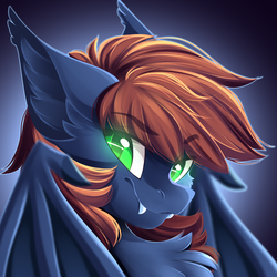 Size: 3555x3555 | Tagged: safe, artist:airiniblock, oc, oc only, oc:warly, bat pony, pony, rcf community, bat pony oc, bust, commission, ear fluff, fangs, glowing eyes, high res, looking at you, male, smug, solo