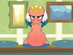 Size: 2600x1962 | Tagged: safe, artist:badumsquish, derpibooru exclusive, somnambula, pegasus, pony, g4, >:<, angry, belly, big belly, blushing, check up, female, front view, headdress, hospital, implied sphinx, kicking, parent:the sphinx, pillow, pregnant, show accurate, sitting, story in the comments, unamused, waiting room