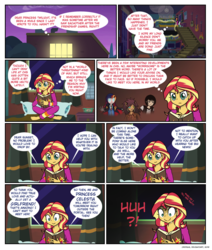 Size: 868x1026 | Tagged: safe, artist:crydius, sunset shimmer, oc, oc:crydius, oc:gamma, android, comic:meet the princesses, equestria girls, g4, alarm clock, barefoot, bed, bedroom eyes, bedsheets, bedside stand, blanket, book, bookshelf, box, boxes, catgirl, catra, chair, clock, clothes, comic, computer, computer screen, cutie mark, drapes, electric guitar, exclamation point, feet, female, floor, frown, glowing eyes, guitar, happy, holding, house, jacket, lava lamp, leather jacket, lights, magical lesbian spawn, male, musical instrument, necktie, nervous, night, night sky, offspring, pajamas, panic, pants, parent:sci-twi, parent:sunset shimmer, parent:twilight sparkle, parents:scitwishimmer, pen, pencil, pillow, plant, pot, question mark, roof, rug, scientific lesbian spawn, shelf, shirt, shit just got real, sitting, sky, smiling, speech bubble, sunset's apartment, sunset's journal, sweat, sweatdrop, symbol, thought bubble, vest, wall of tags, window, writing