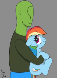 Size: 1343x1822 | Tagged: safe, artist:augjodo, rainbow dash, oc, oc:anon, human, pegasus, pony, g4, carrying, cute, daaaaaaaaaaaw, digital art, duo, female, floppy ears, gray background, hnnng, holding a pony, hug, mare, signature, simple background, smiling