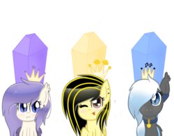 Size: 1290x1010 | Tagged: safe, artist:starviolet, oc, oc only, oc:lynx, oc:moonlight melody, oc:star violet, bat pony, pegasus, pony, collar, crown, food, grapes, jewelry, lemon, music, one eye closed, queens, regalia, simple background, throne, transparent background, wink
