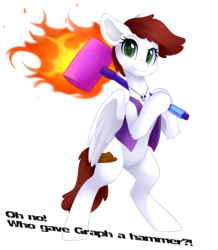 Size: 3484x4000 | Tagged: safe, artist:scarlet-spectrum, oc, oc only, oc:graph travel, pegasus, pony, clothes, female, fire, freckles, hammer, jewelry, looking at you, mare, necklace, simple background, smiling, smirk, solo, standing, text, this will not end well, transparent background, vest