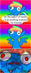 Size: 875x2000 | Tagged: safe, artist:polyhexian, derpy hooves, rainbow dash, pegasus, pony, g4, my little pony: the movie, :p, close-up, comic, derp, derpy's sacrifice, dialogue, element of loyalty, evil, eye clipping through hair, mood whiplash, pure evil, pure unfiltered evil, rainbow background, red eyes take warning, silly, speech bubble, stylistic suck, tongue out