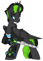 Size: 750x1057 | Tagged: safe, artist:breloomsgarden, oc, oc only, oc:midnight star, alicorn, pony, dimensional shift, alicorn oc, clothed ponies, lineart, male, nervous, scarab(dimensional shift), solo, stallion, sword, weapon