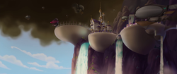 Size: 1920x804 | Tagged: safe, screencap, g4, my little pony: the movie, airship, canterlot, canterlot castle, city, cloud, no pony, scenery, storm king's ship, waterfall