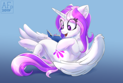 Size: 1280x865 | Tagged: dead source, safe, artist:airfly-pony, oc, oc only, oc:sparkiss, alicorn, pony, rcf community, alicorn oc, book, looking at something, open mouth, reading, smiling, solo, teeth, tongue out, wings