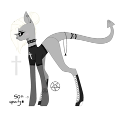 Size: 2000x1800 | Tagged: safe, artist:kookiebeatz, oc, oc only, oc:akuma (ice1517), demon, demon pony, pony, black sclera, blank flank, boots, choker, clothes, colored sclera, cross, cut, ear piercing, earring, edgy, edgy as fuck, female, goth, helix piercing, jewelry, mare, nose piercing, nose ring, piercing, scar, shirt, shoes, simple background, solo, spiked choker, t-shirt, tattoo, transparent background, white eyes