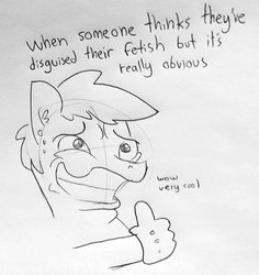 Size: 1226x1298 | Tagged: safe, artist:tjpones, oc, oc only, oc:tjpones, pony, black and white, bust, dialogue, ear piercing, faic, fake smile, foam finger, grayscale, hide the pain harold, lineart, male, monochrome, piercing, smiling, solo, stallion, suddenly hands, sweat, thumbs up, traditional art