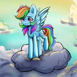 Size: 6000x6000 | Tagged: safe, artist:generallegion, artist:zefirka, rainbow dash, pony, g4, absurd resolution, blushing, cloud, collaboration, cute, dashabetes, digital art, female, simple background, solo, wings