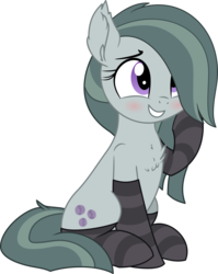 Size: 4534x5694 | Tagged: safe, artist:aureai-sketches, artist:cyanlightning, marble pie, earth pony, pony, g4, .svg available, absurd resolution, blushing, chest fluff, clothes, cute, ear fluff, female, grin, marblebetes, mare, simple background, sitting, smiling, socks, solo, squishy cheeks, stockings, striped socks, thigh highs, transparent background, vector