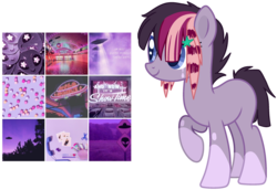 Size: 1079x741 | Tagged: safe, artist:adoptprince, artist:milkteasour, oc, oc only, oc:nebula neon, alien, earth pony, pony, base used, blaze (coat marking), car, coat markings, facial markings, female, hairclip, mare, moodboard, multicolored hair, night, raised hoof, sign, simple background, sky, solo, transparent background, ufo