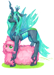 Size: 6464x9024 | Tagged: safe, artist:angusdra, queen chrysalis, oc, oc:fluffle puff, changeling, changeling queen, g4, absurd resolution, canon x oc, female, lesbian, ship:chrysipuff, shipping, simple background, tongue out, transparent background